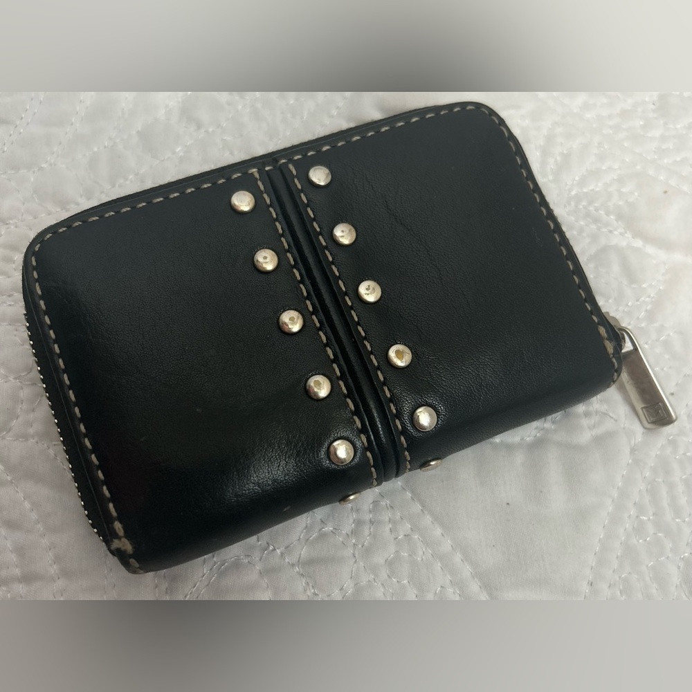 Michael Kors Card Holder Coin Purse Black Leather Studded Silver Accents Zip